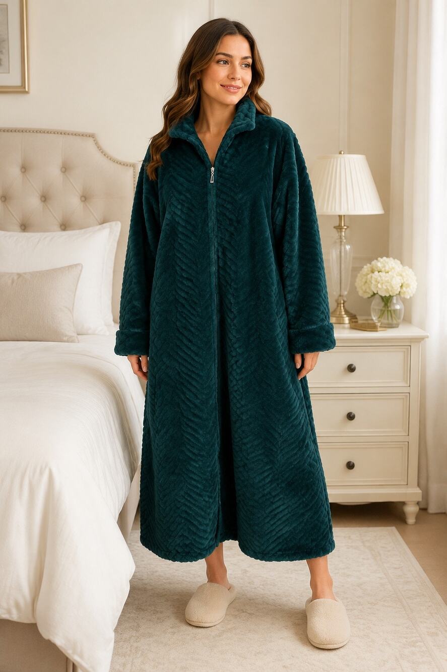 Miss Elaine Plush Chevron Zip Front Long Robe Large Teal Green Cozy Housecoat L